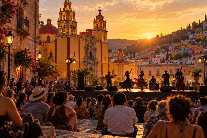 Ilustración editorial de una plaza de Guanajuato al atardecer durante una presentación cultural al aire libre.