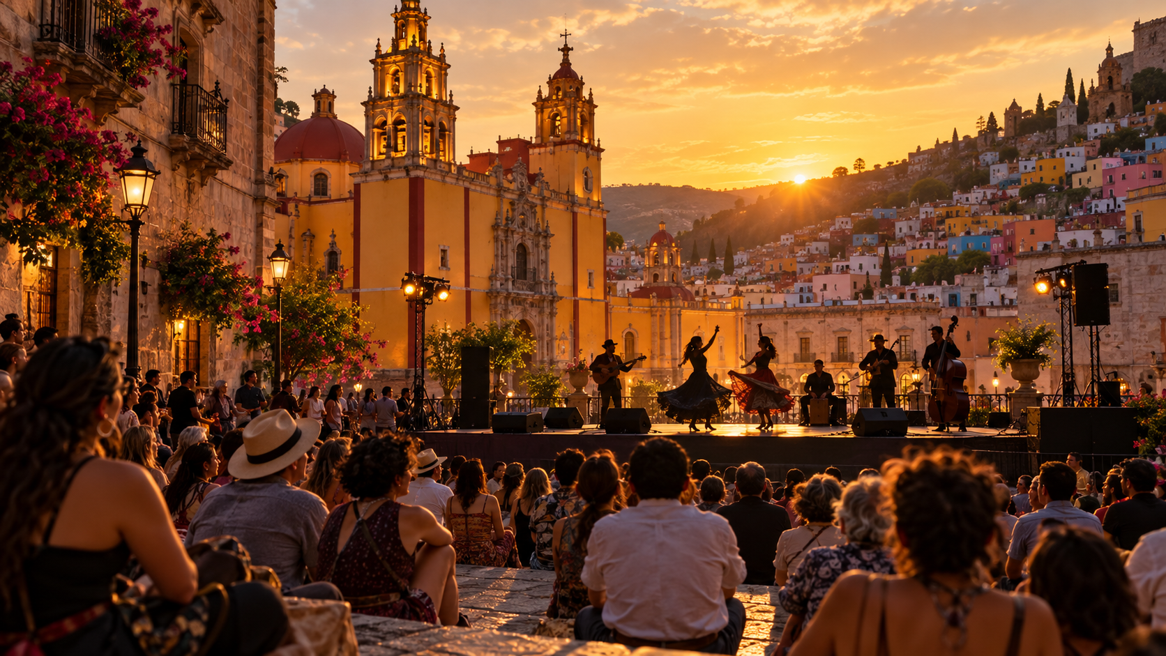 Ilustración editorial de una plaza de Guanajuato al atardecer durante una presentación cultural al aire libre.