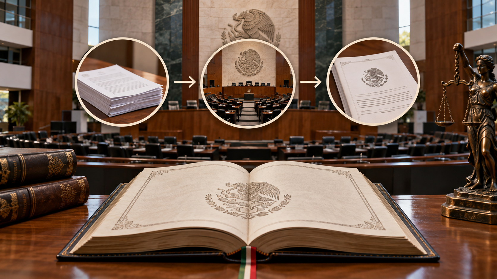 Ilustración editorial de una iniciativa que pasa por comisiones, el Pleno y la publicación oficial