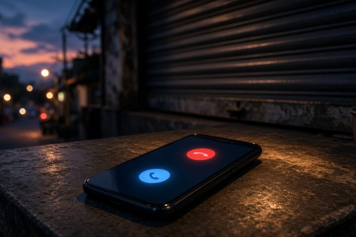 Teléfono celular con una llamada entrante sobre el mostrador de un local con la cortina metálica a medio cerrar, de noche en una calle de la Ciudad de México