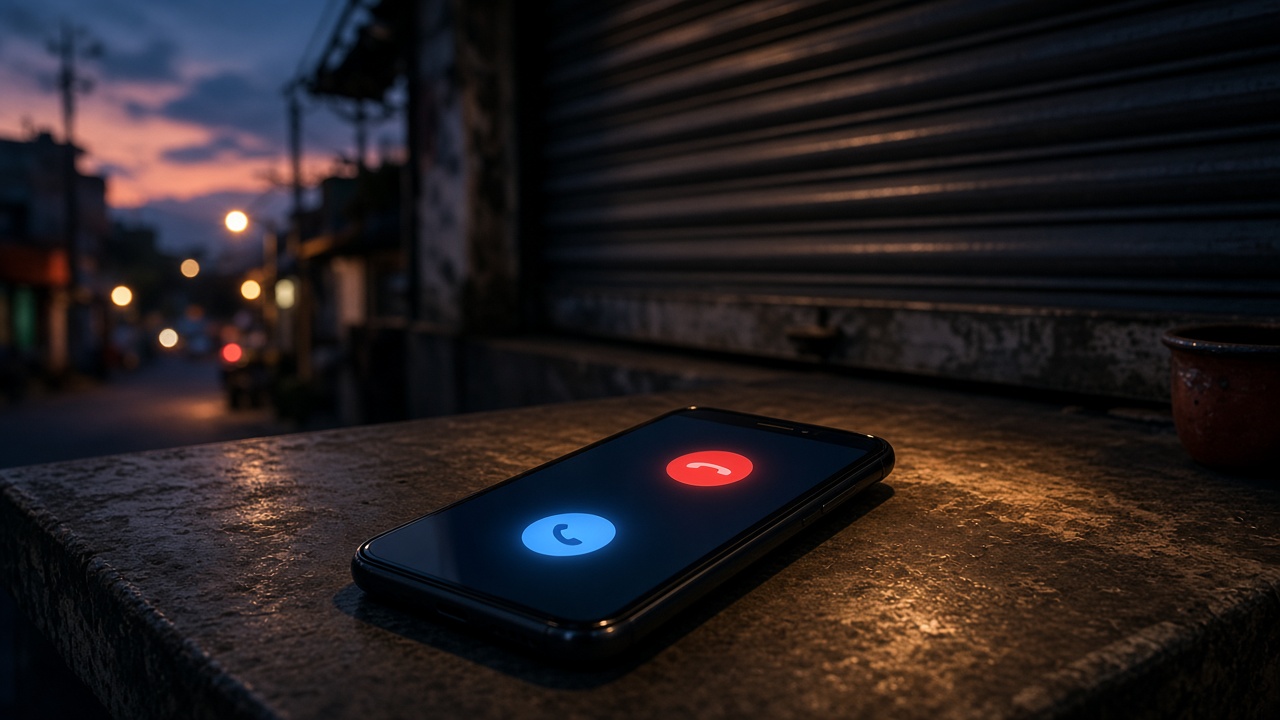 Teléfono celular con una llamada entrante sobre el mostrador de un local con la cortina metálica a medio cerrar, de noche en una calle de la Ciudad de México