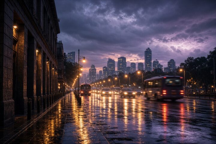 Calle de la CDMX de noche con lluvia y reflejos de faroles, ilustración generada con IA