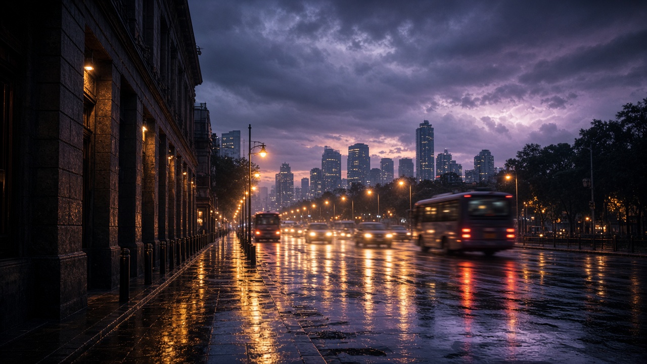 Calle de la CDMX de noche con lluvia y reflejos de faroles, ilustración generada con IA
