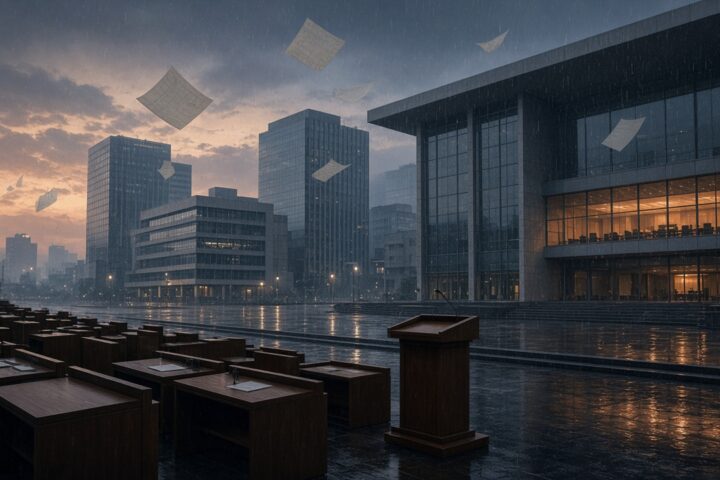 Ilustración abstracta del Congreso y edificios de gobierno de la Ciudad de México al atardecer, sin personas