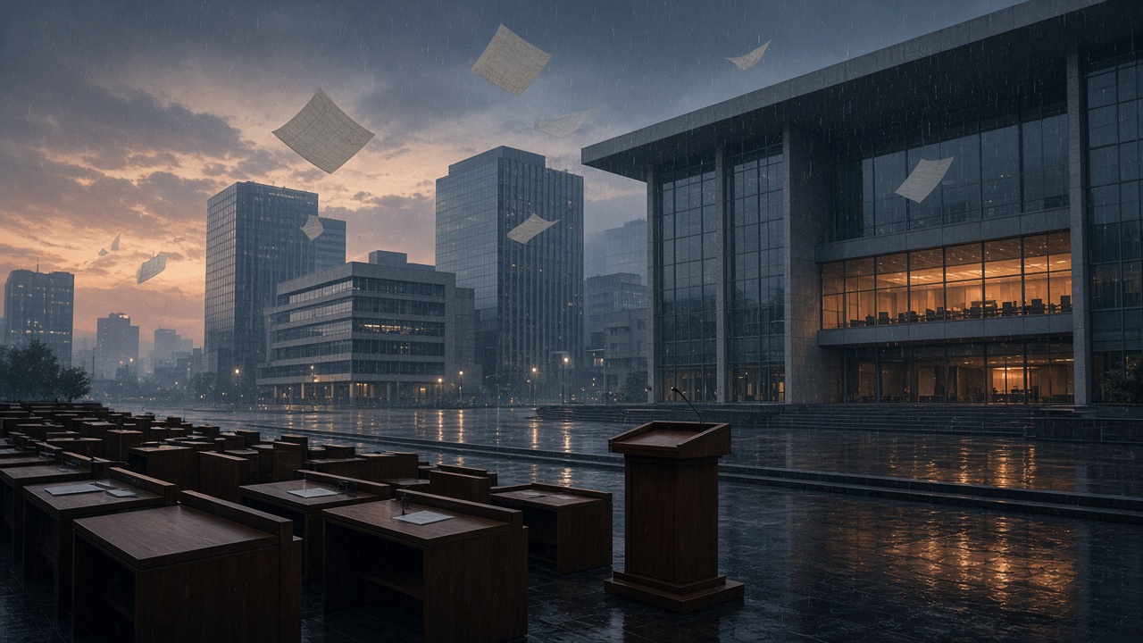 Ilustración abstracta del Congreso y edificios de gobierno de la Ciudad de México al atardecer, sin personas