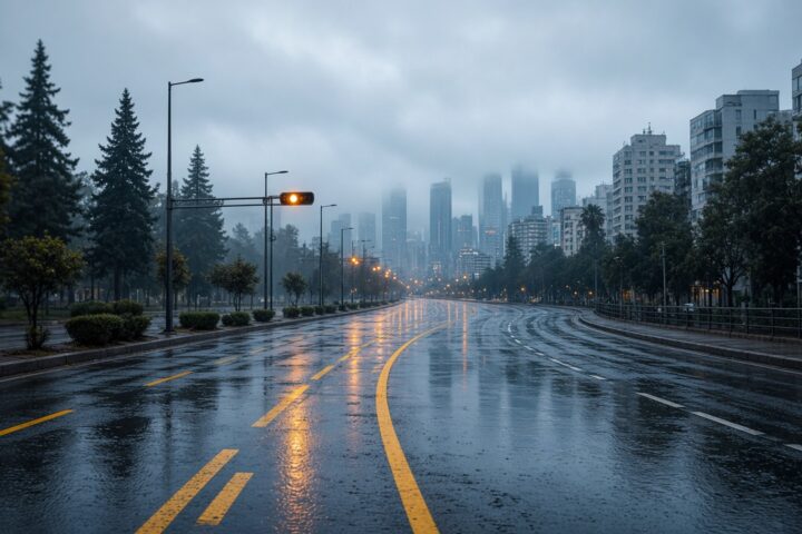 Avenida de la CDMX con lluvia y niebla al amanecer, ilustración
