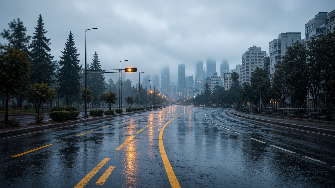 Avenida de la CDMX con lluvia y niebla al amanecer, ilustración