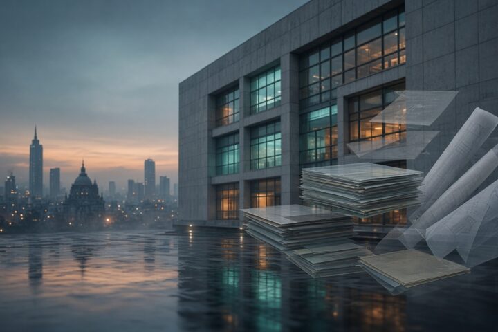Edificio gubernamental y planos abstractos al atardecer, ilustración de rendición de cuentas en la CDMX