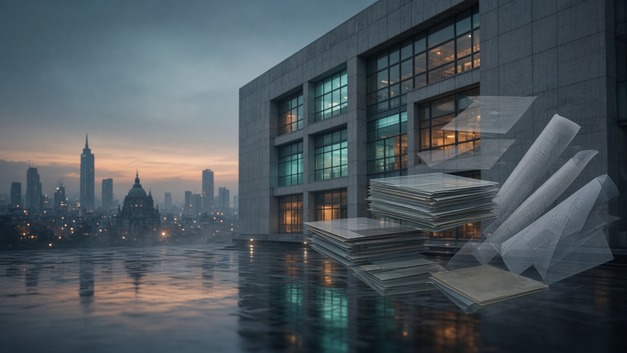 Edificio gubernamental y planos abstractos al atardecer, ilustración de rendición de cuentas en la CDMX