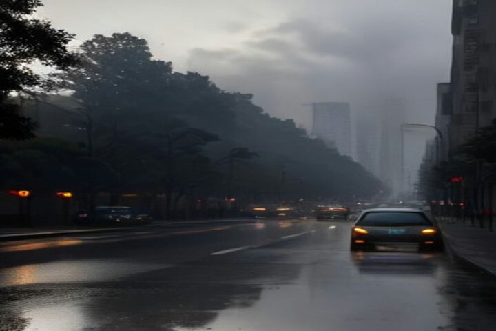 Avenida arbolada de la Ciudad de México al amanecer con pavimento mojado, autos con luces encendidas y edificios entre la bruma bajo cielo nublado, ilustración