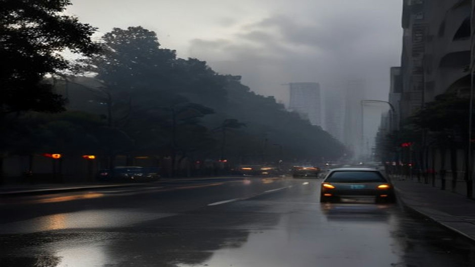 Avenida arbolada de la Ciudad de México al amanecer con pavimento mojado, autos con luces encendidas y edificios entre la bruma bajo cielo nublado, ilustración