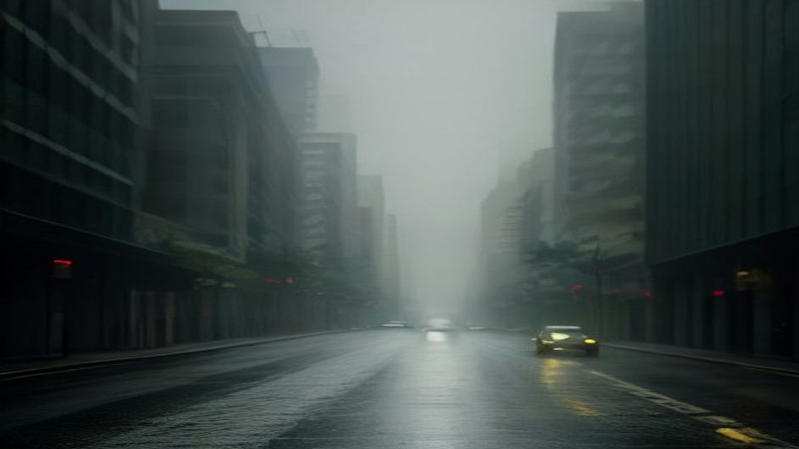 Avenida mojada y nublada en CDMX, ilustración generada con IA