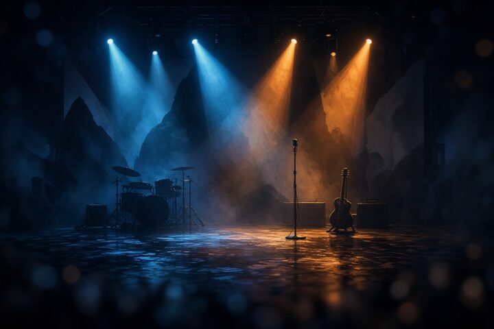 Escenario iluminado de concierto de rock con siluetas abstractas y luces azules y ámbar, sin rostros ni logos