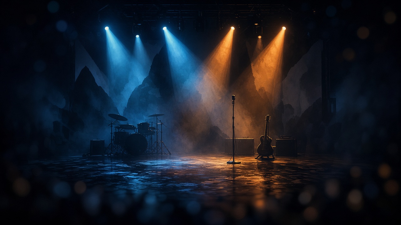 Escenario iluminado de concierto de rock con siluetas abstractas y luces azules y ámbar, sin rostros ni logos