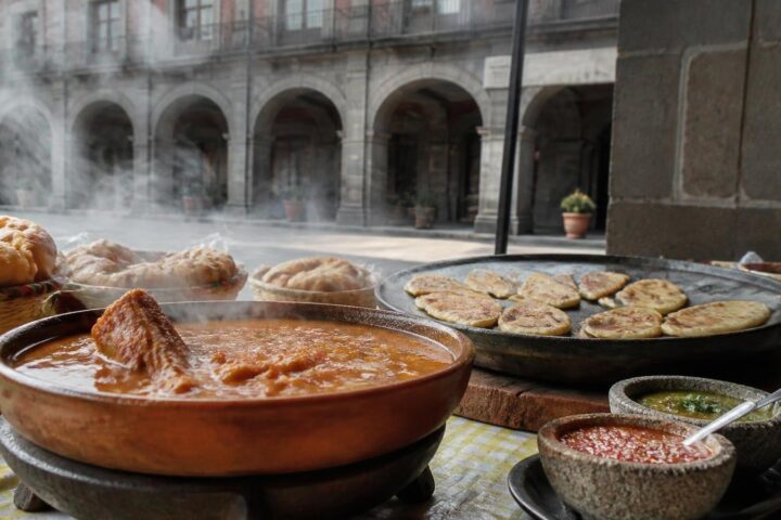 Cazuela de barro con caldo humeante, comal con quesadillas doradas, panes en canasta y salsas en molcajete frente a portales de cantera del Centro Histórico
