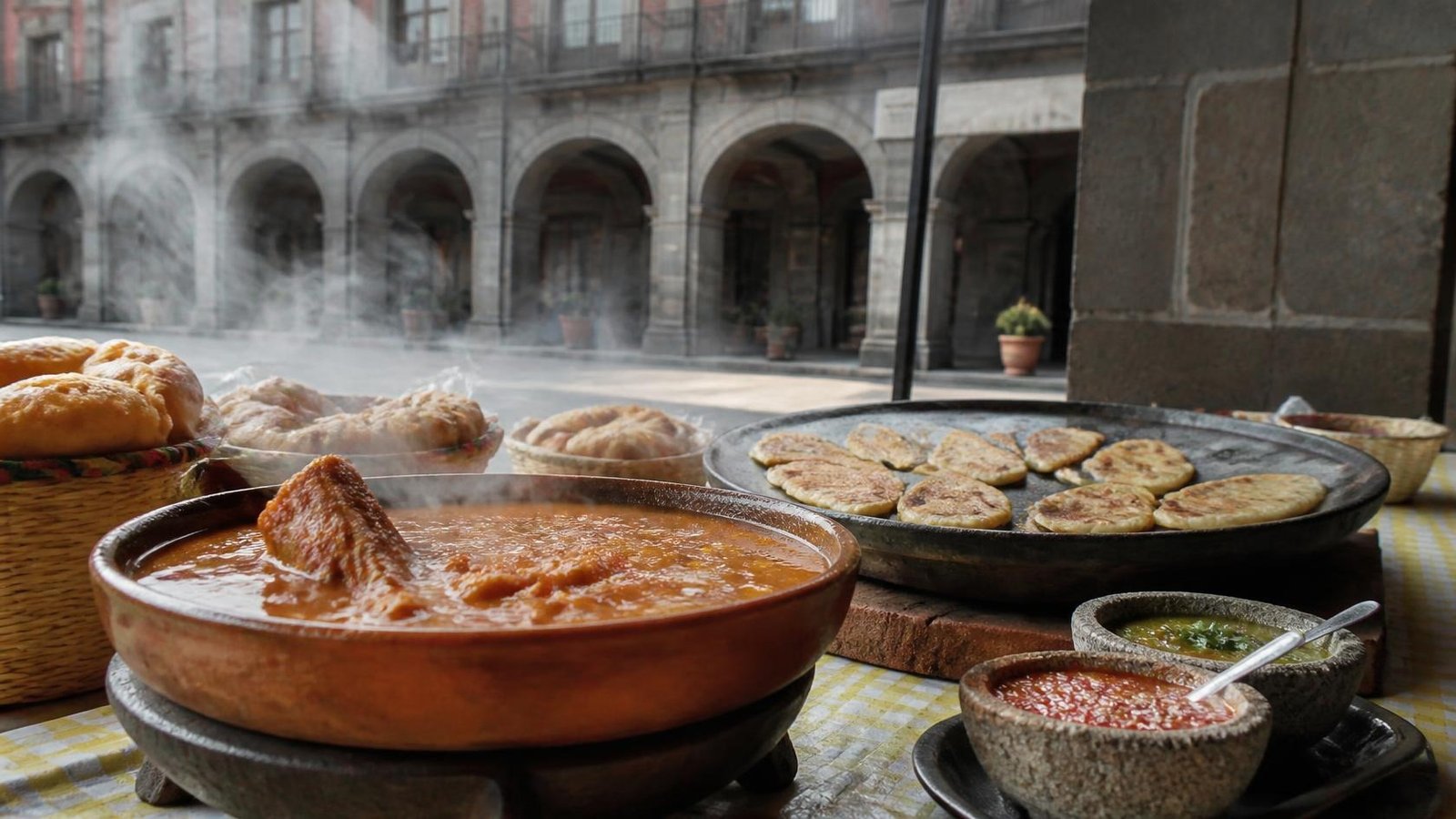 Cazuela de barro con caldo humeante, comal con quesadillas doradas, panes en canasta y salsas en molcajete frente a portales de cantera del Centro Histórico