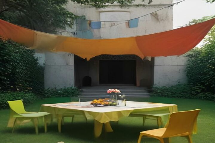 Jardín de un centro cultural con una lona anaranjada, banderines de colores, una mesa con flores de cempasúchil y sillas de colores sobre el pasto