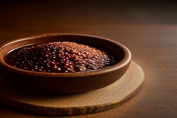 Cazuela de barro con mole oscuro y brillante sobre una tabla de madera, en un entorno de cocina en tonos cálidos