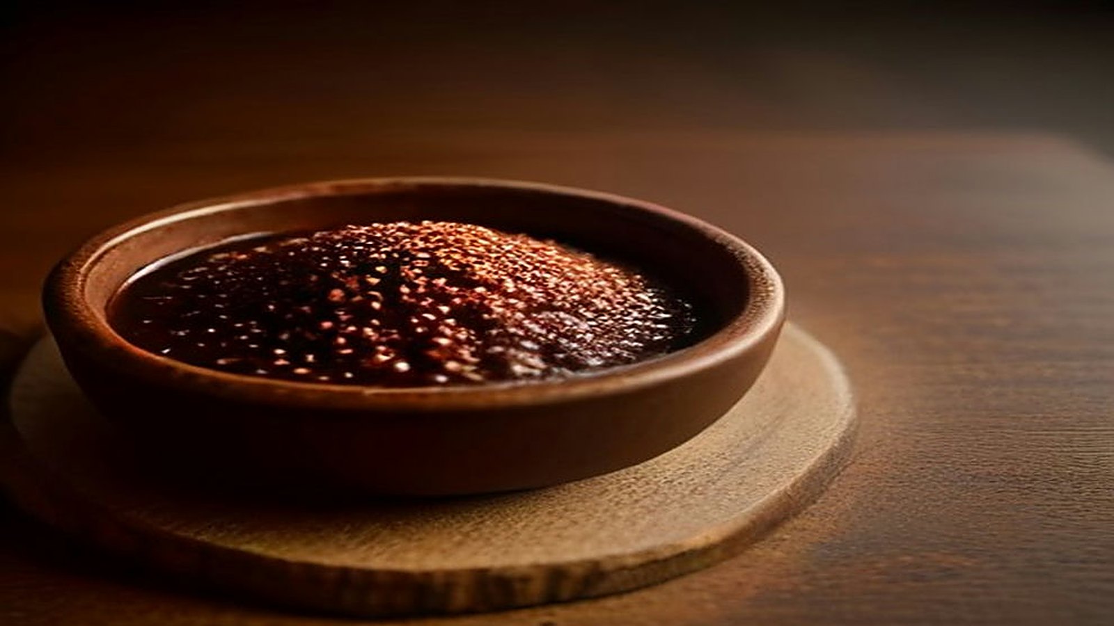 Cazuela de barro con mole oscuro y brillante sobre una tabla de madera, en un entorno de cocina en tonos cálidos