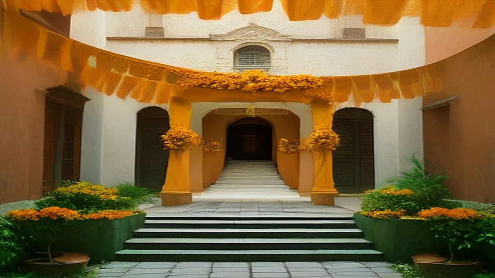 Patio de una casona colonial decorado para Día de Muertos con arcos de flores de cempasúchil, papel picado naranja y escalinata de piedra