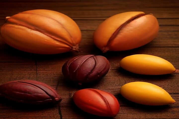 Mazorcas de cacao amarillas, naranjas y rojizas acomodadas sobre una mesa de madera oscura con iluminación cálida