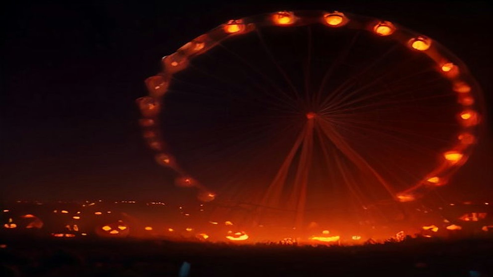 Rueda de la fortuna iluminada con luces naranjas en medio de la neblina nocturna, con decenas de calabazas encendidas sobre el pasto de un parque vacío