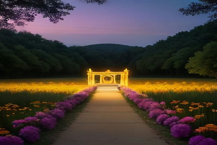 Sendero de un bosque al anochecer bordeado de flores anaranjadas y moradas que conduce a un pórtico iluminado, con árboles altos y cielo violeta