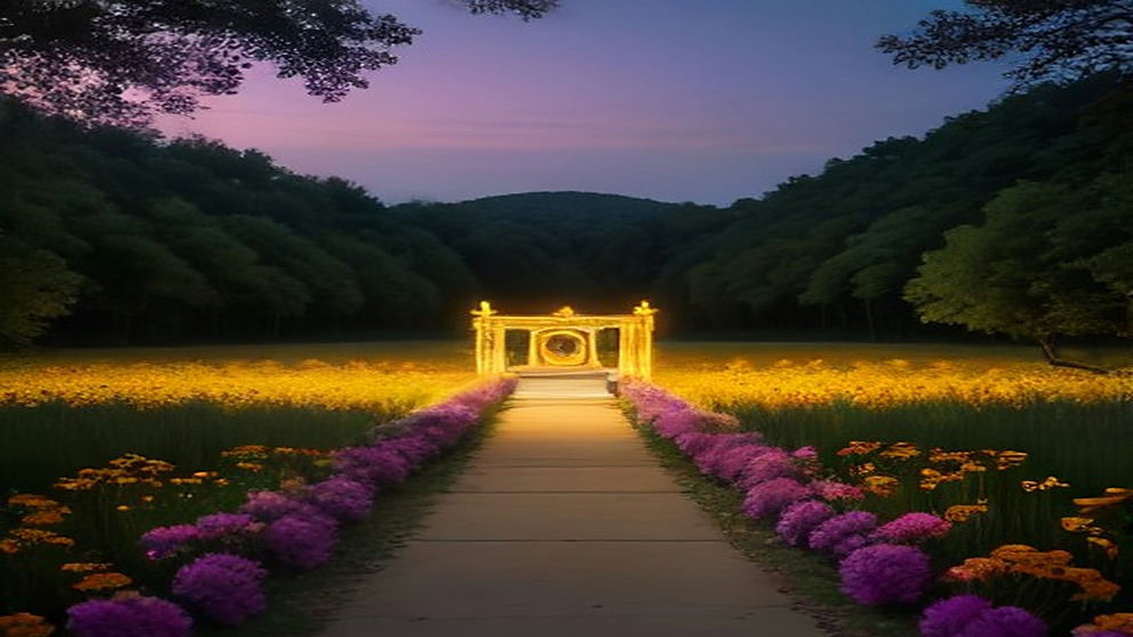 Sendero de un bosque al anochecer bordeado de flores anaranjadas y moradas que conduce a un pórtico iluminado, con árboles altos y cielo violeta
