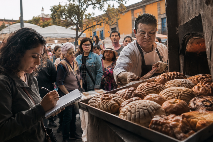 Personas y panaderos en el Festival del Pan Dulce Mexicano en Coyoacán, con una charola de panes recién horneados y una investigadora tomando notas