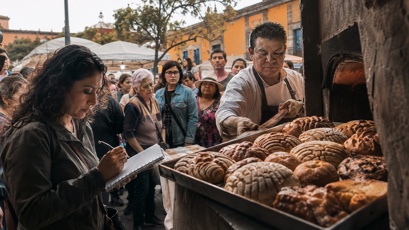 Personas y panaderos en el Festival del Pan Dulce Mexicano en Coyoacán, con una charola de panes recién horneados y una investigadora tomando notas