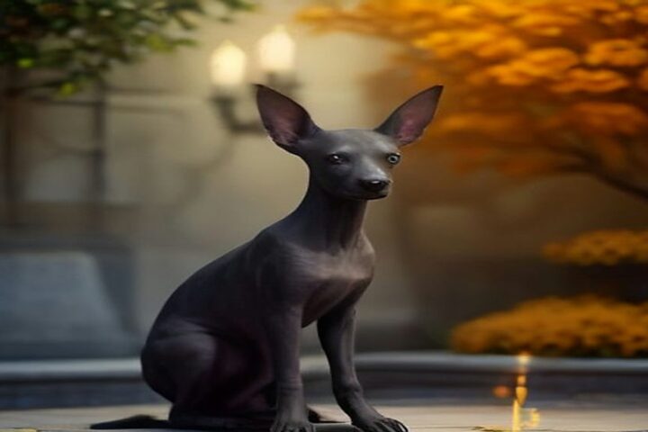 Perro xoloitzcuintle negro sin pelo sentado en una plaza de piedra, con farolas encendidas y flores de cempasúchil al fondo