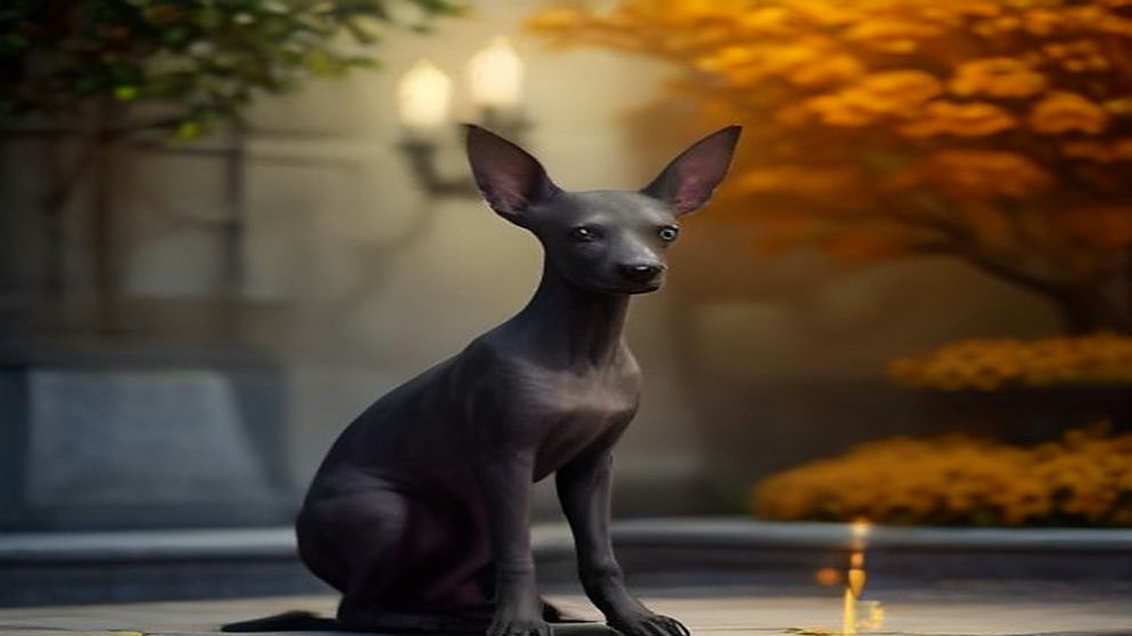 Perro xoloitzcuintle negro sin pelo sentado en una plaza de piedra, con farolas encendidas y flores de cempasúchil al fondo