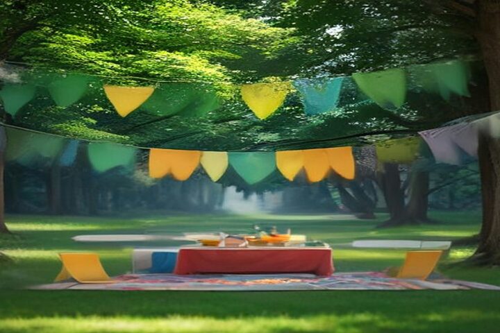 Jardín arbolado con mantas de picnic, una mesa con mantel rojo y banderines de colores, listo para una feria al aire libre