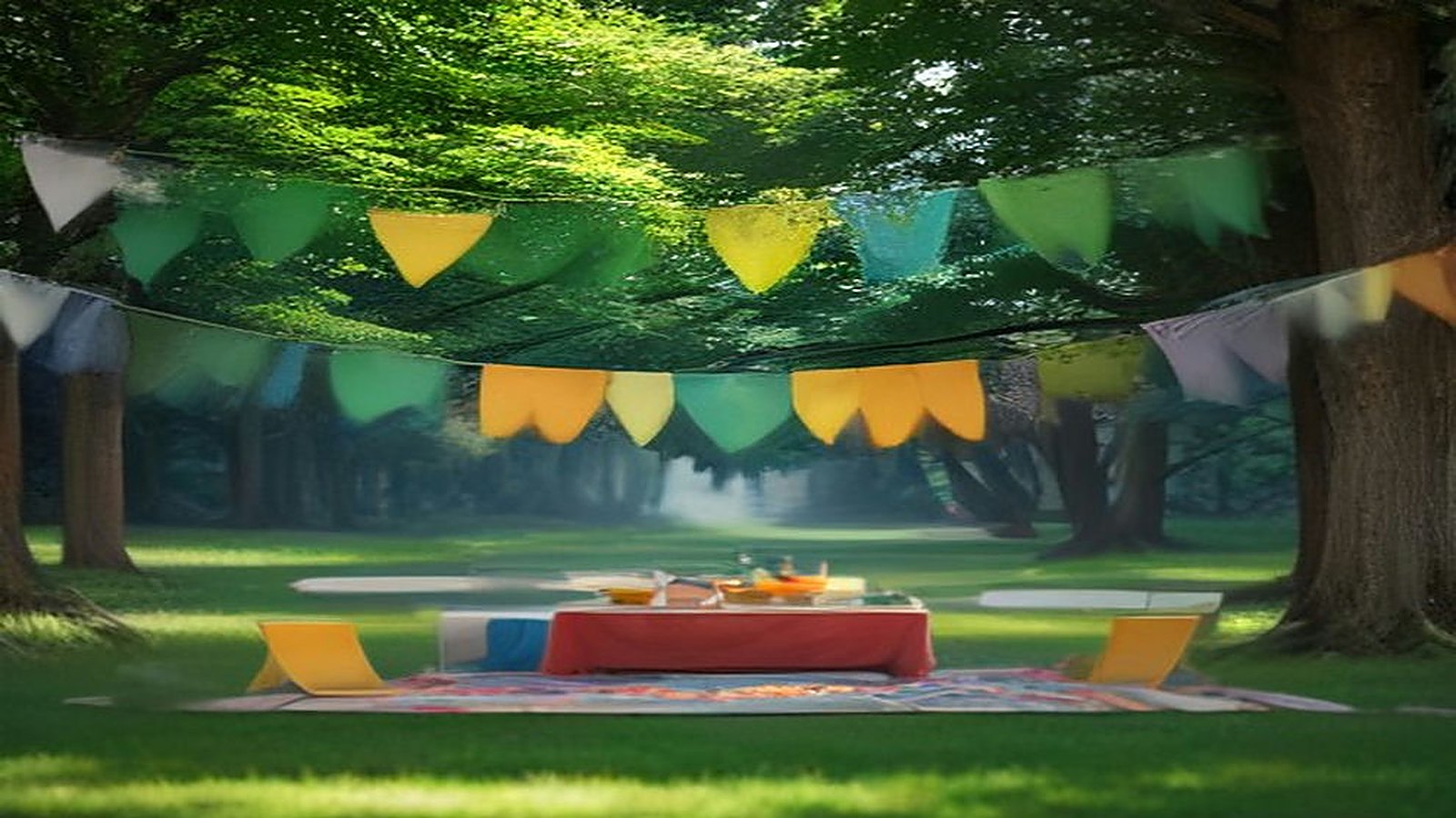 Jardín arbolado con mantas de picnic, una mesa con mantel rojo y banderines de colores, listo para una feria al aire libre