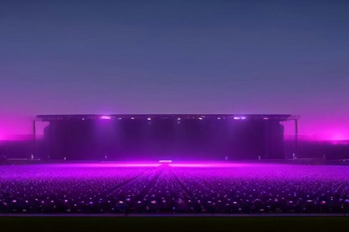 Escenario monumental vacío iluminado con luces moradas y rosas sobre una explanada abierta al anochecer