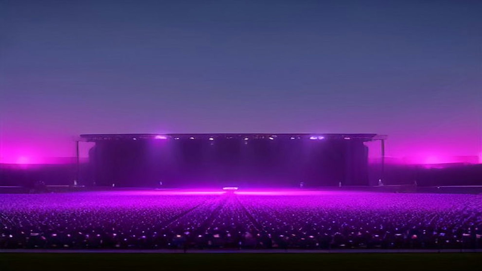 Escenario monumental vacío iluminado con luces moradas y rosas sobre una explanada abierta al anochecer