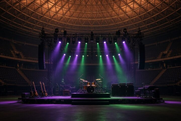 Escenario de concierto de rock vacío bajo una cúpula de estructura cobriza, con guitarras, batería y luces moradas y verdes