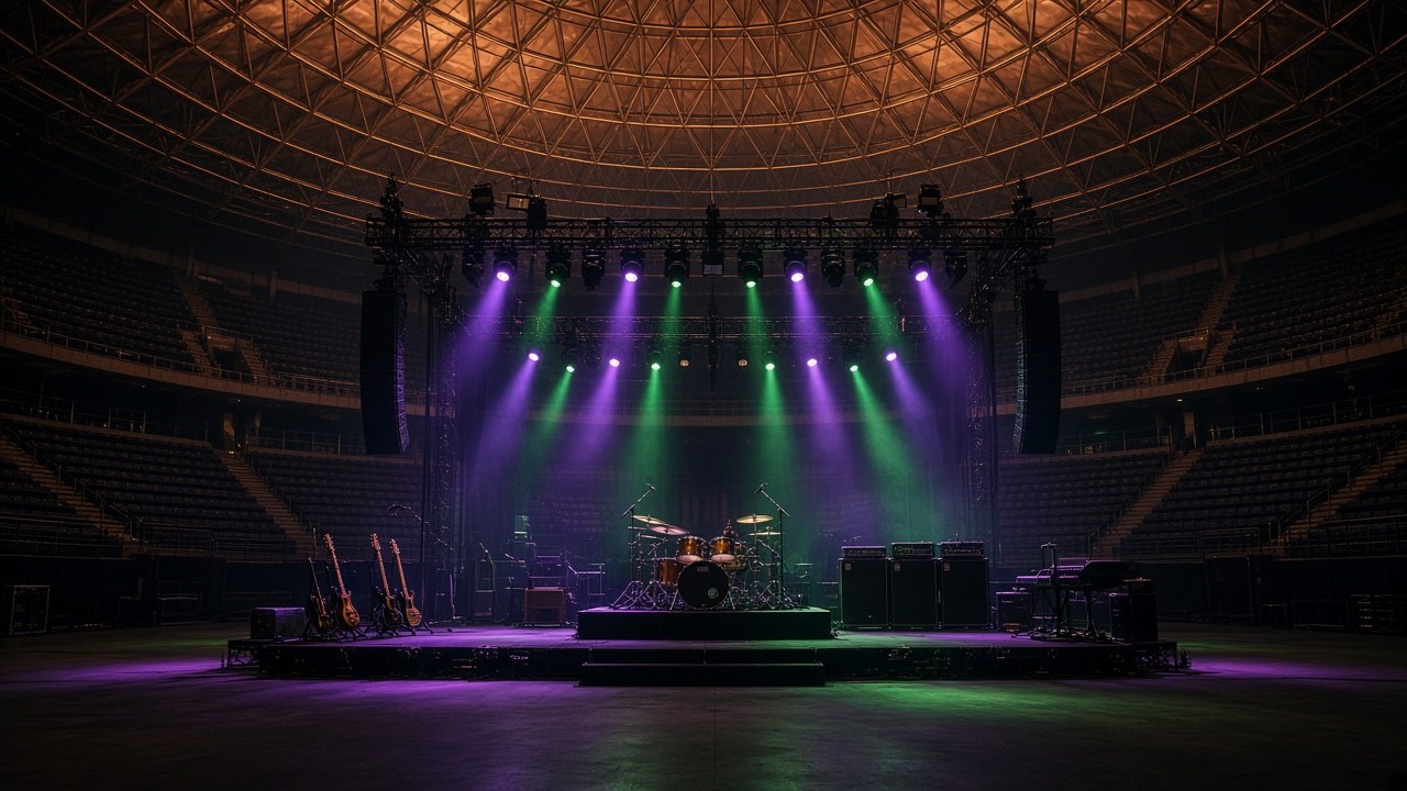 Escenario de concierto de rock vacío bajo una cúpula de estructura cobriza, con guitarras, batería y luces moradas y verdes
