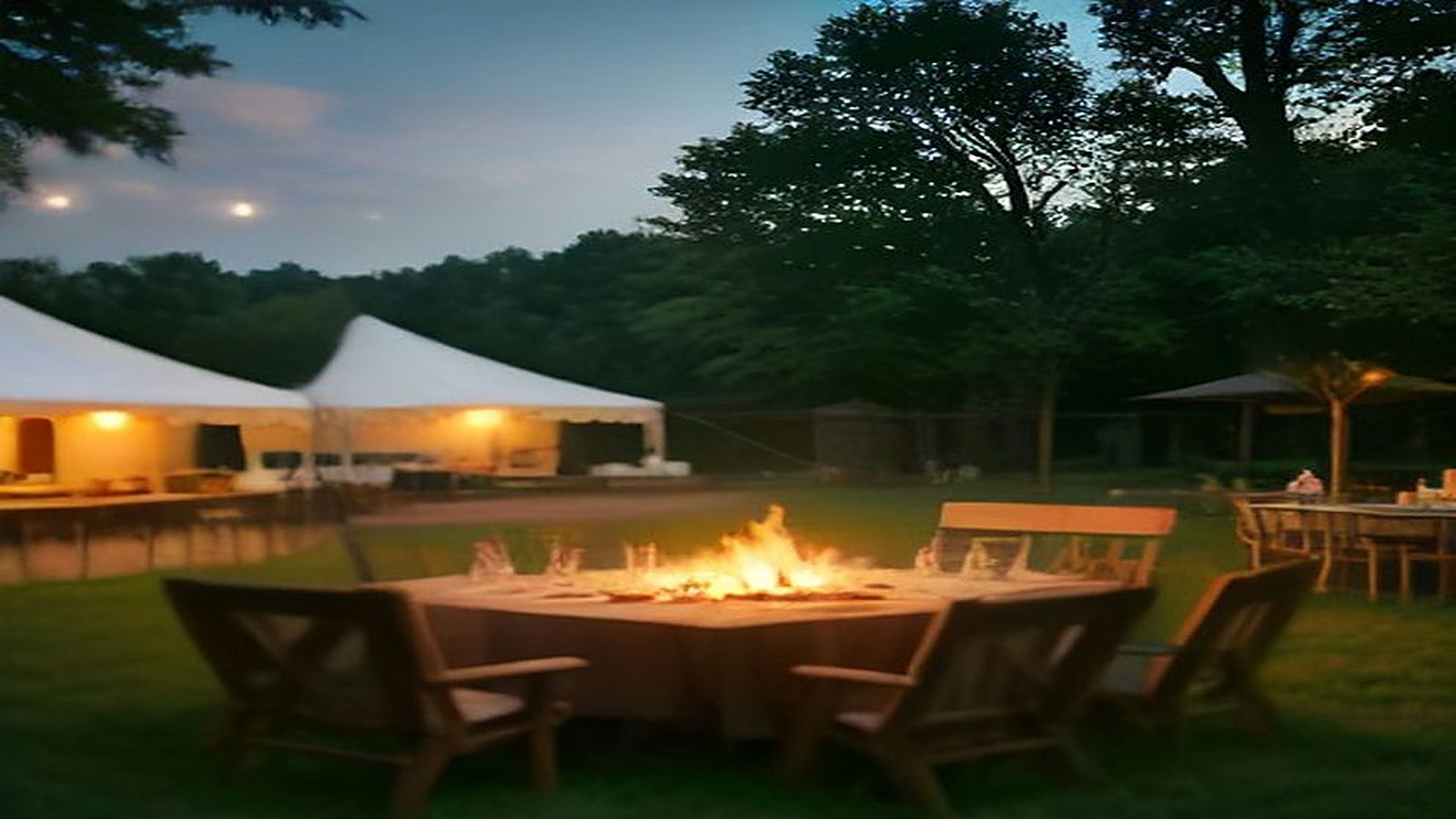Mesa de madera con una fogata encendida y copas en un jardín al atardecer, con carpas blancas iluminadas al fondo