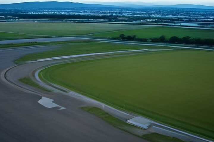 Vista aérea de un circuito de carreras vacío al atardecer, con curvas de asfalto, zonas de pasto verde y la ciudad con montañas al fondo
