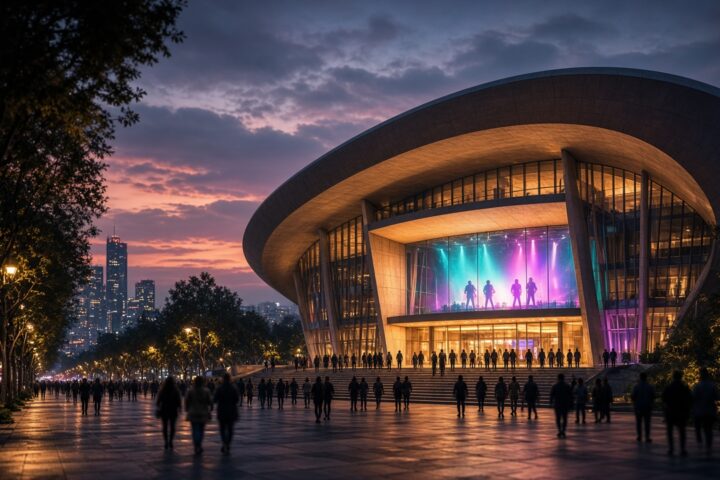 Ilustración de un gran auditorio al atardecer en la Ciudad de México con luces de concierto