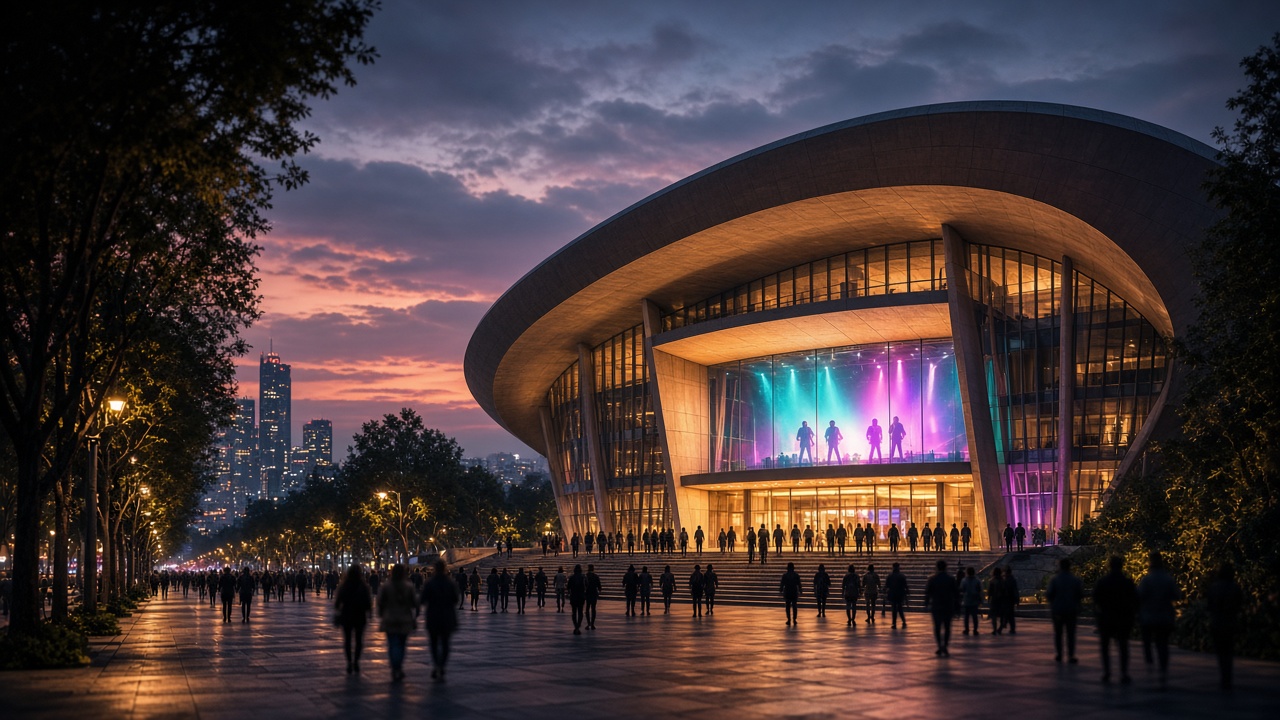 Ilustración de un gran auditorio al atardecer en la Ciudad de México con luces de concierto