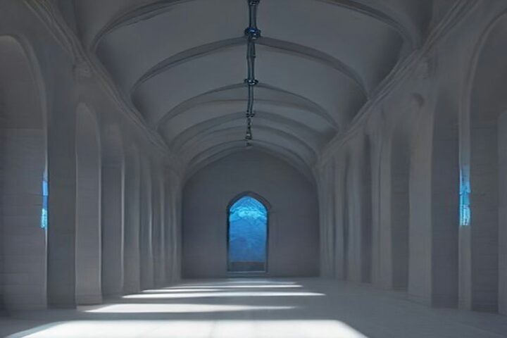 Galería larga de muros blancos con arcos y bóveda de piedra, piso pulido iluminado por la luz y una ventana de vitral azul al fondo