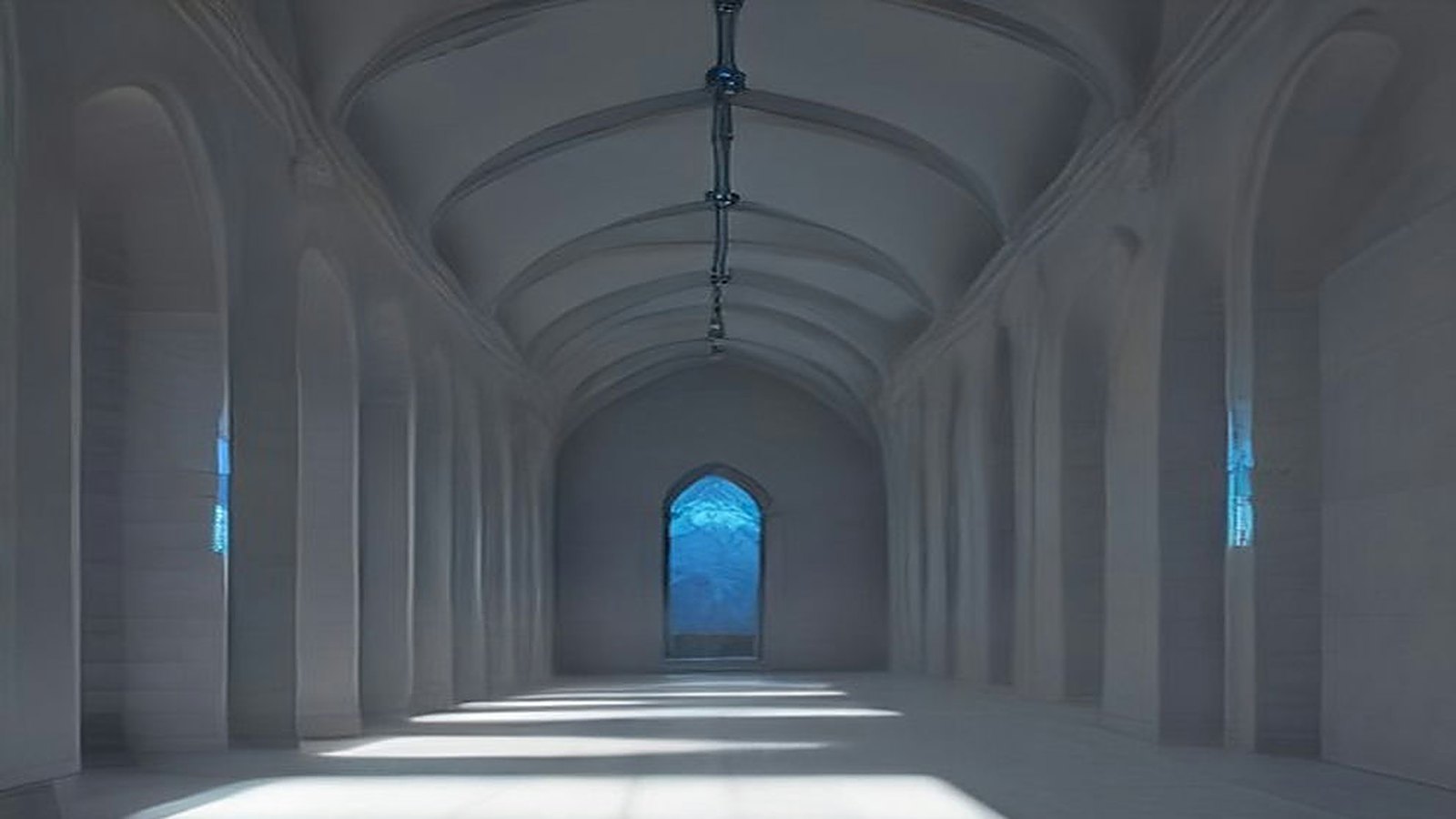 Galería larga de muros blancos con arcos y bóveda de piedra, piso pulido iluminado por la luz y una ventana de vitral azul al fondo