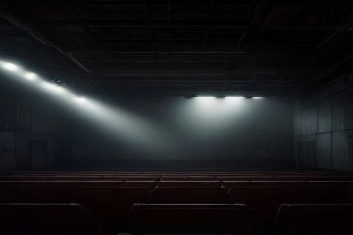 Escenario de teatro oscuro envuelto en niebla, con haces de luz blanca desde el techo y filas de butacas vacías en penumbra