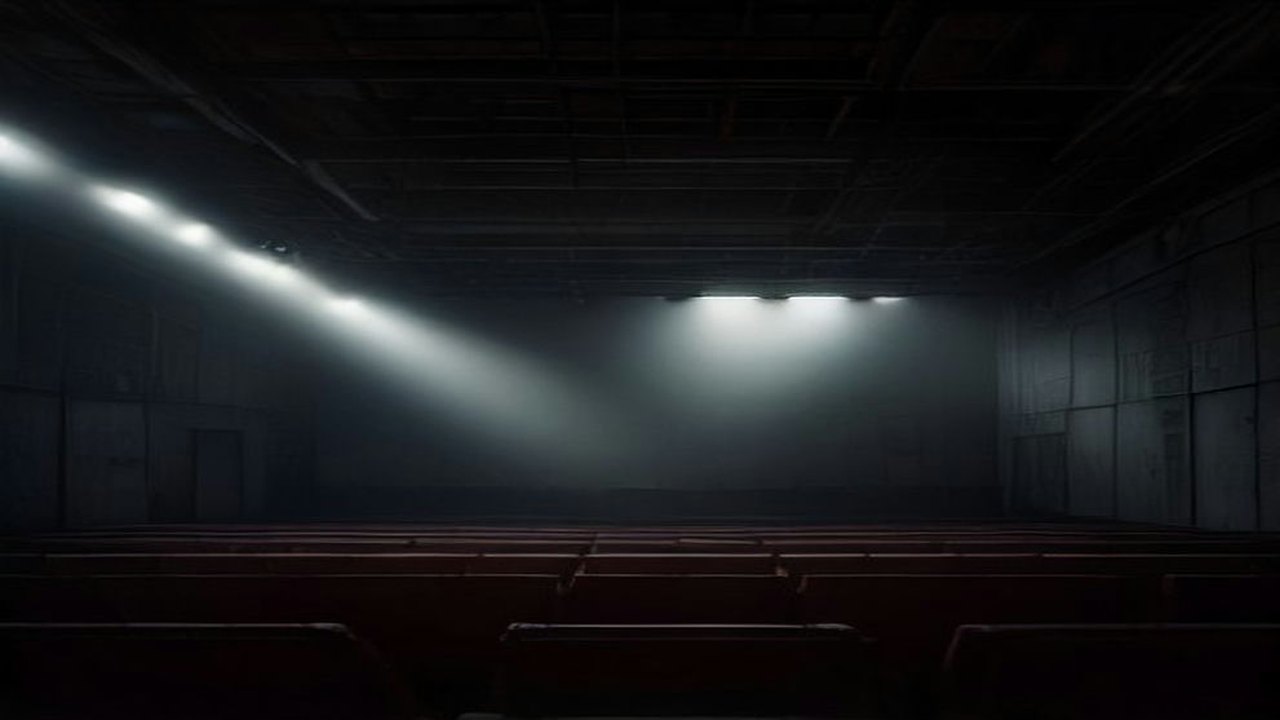 Escenario de teatro oscuro envuelto en niebla, con haces de luz blanca desde el techo y filas de butacas vacías en penumbra