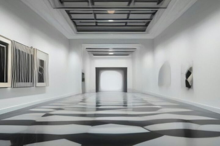 Galería de museo con muros blancos, piso de mármol con patrones geométricos en blanco y negro y obras abstractas de efecto óptico colgadas a los lados