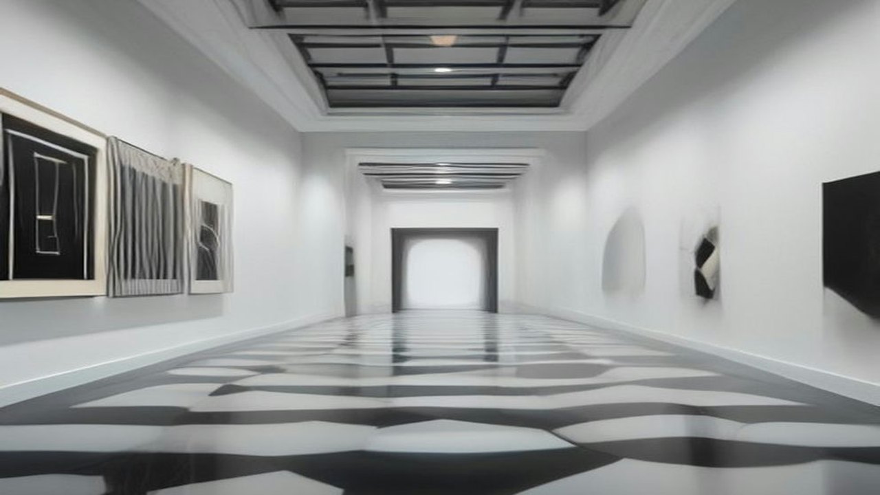 Galería de museo con muros blancos, piso de mármol con patrones geométricos en blanco y negro y obras abstractas de efecto óptico colgadas a los lados
