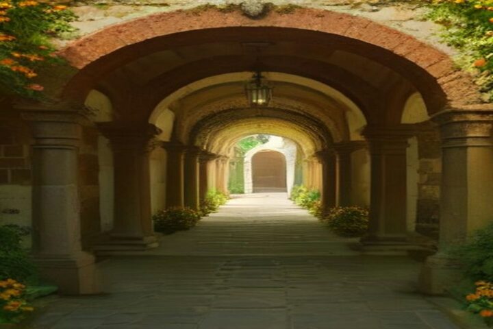 Arcos de piedra de una antigua hacienda que se abren a un jardín, con macetas y flores de cempasúchil a los lados del corredor