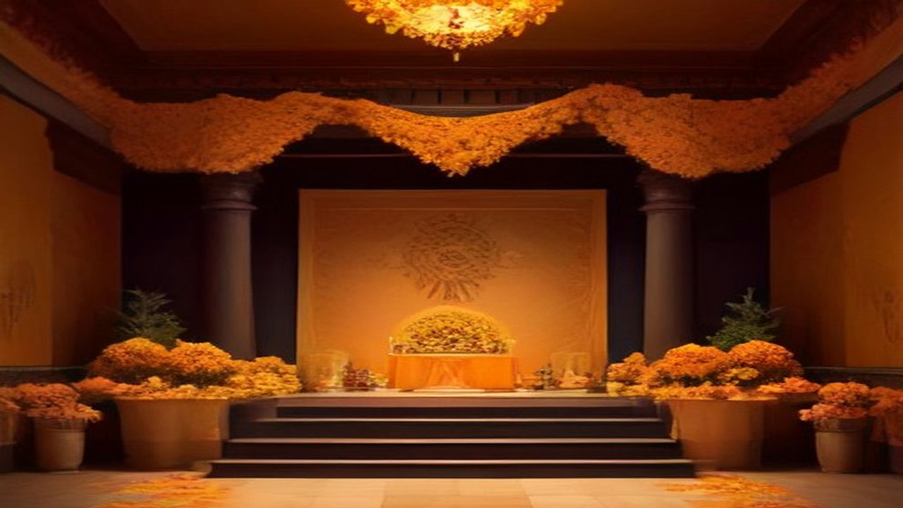 Sala amplia con columnas oscuras y un altar escalonado al fondo, cubierto de flores de cempasúchil y guirnaldas naranjas bajo una luz cálida